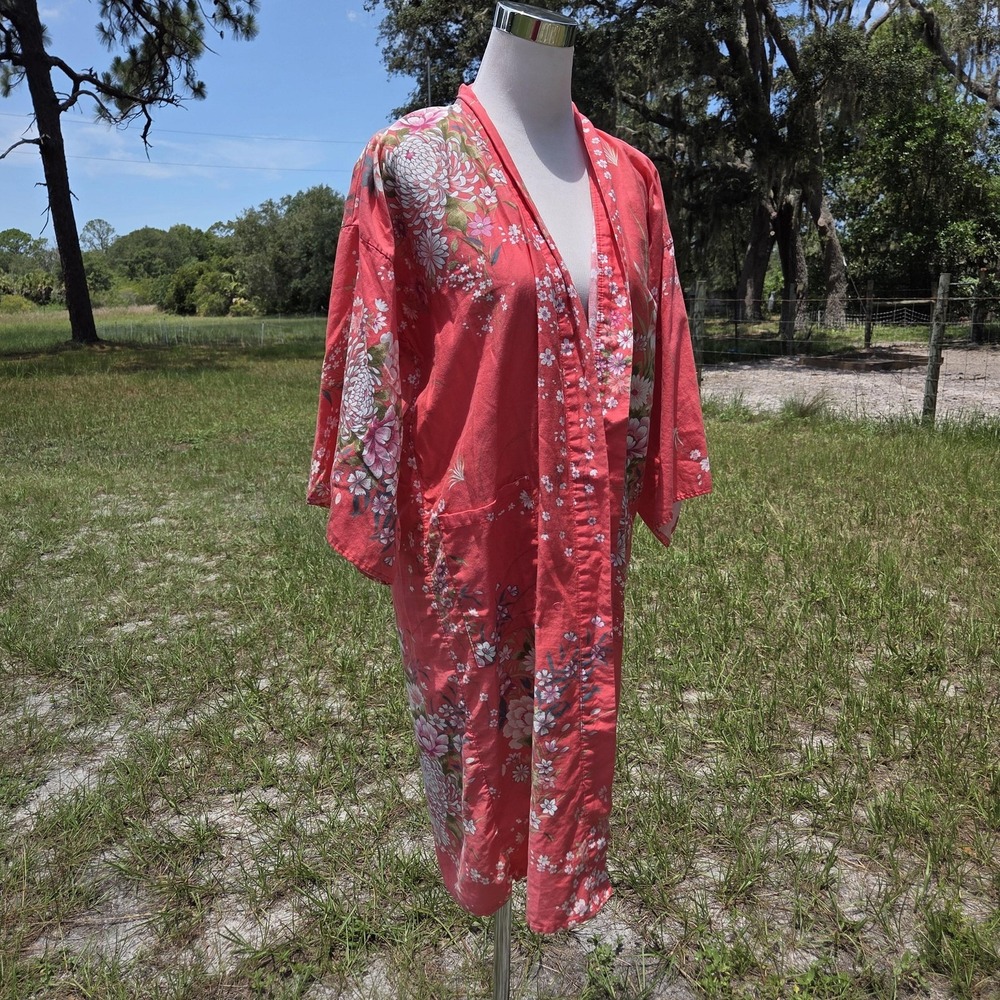 Kimono Robe‎ Womens 42 Pink Floral Cotton 3/4 Sleeve Lightweight Japan Made